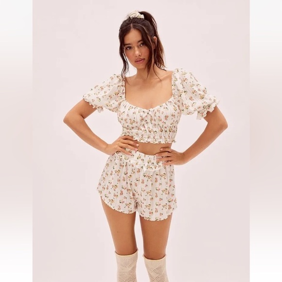 For Love And Lemons Lola Pointelle Shorts and crop SET White Floral SM S RARE - Picture 1 of 11